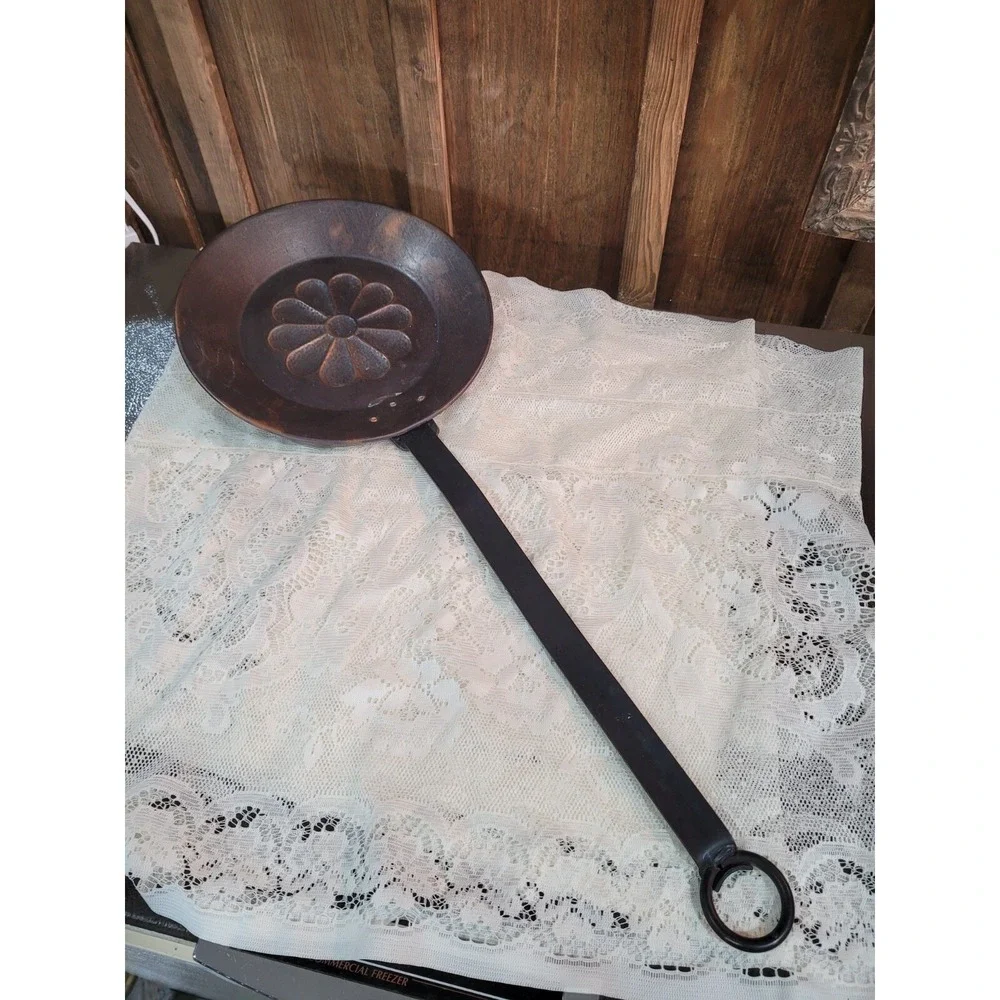 Vintage Copper Warming/ Roasting Pan with Long Handle and Flower Imprint in Pan
